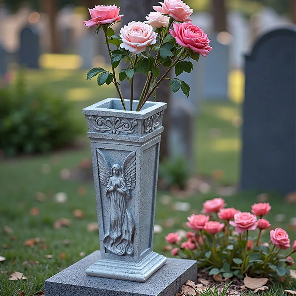 Sturdy Resin Memorial Vase with 55 Inch Metal Spike for Ground Placement Elegant Cemetery Flower Holder for Garden Decoration