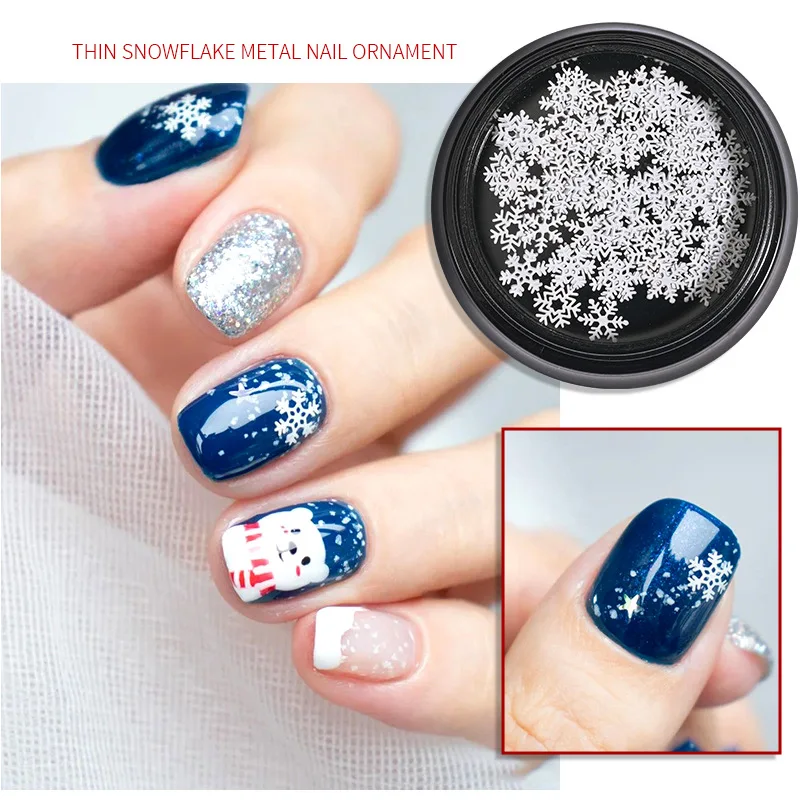 1-Jar Mixed-Größe Schneeflocke Nagel Glitter Pailletten Weihnachten Weiß Glitter Nagel Flocken 3D Hohl Metall Schneeflocke Maniküre decor P-T