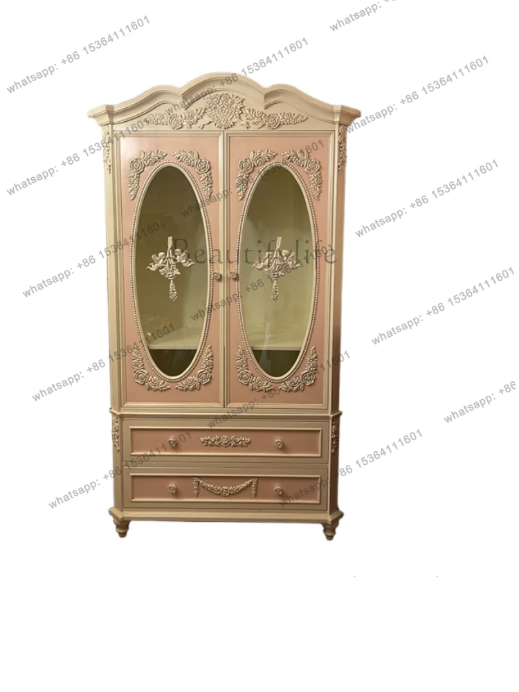 French retro old solid wood carving flower double door wardrobe villa decorative locker