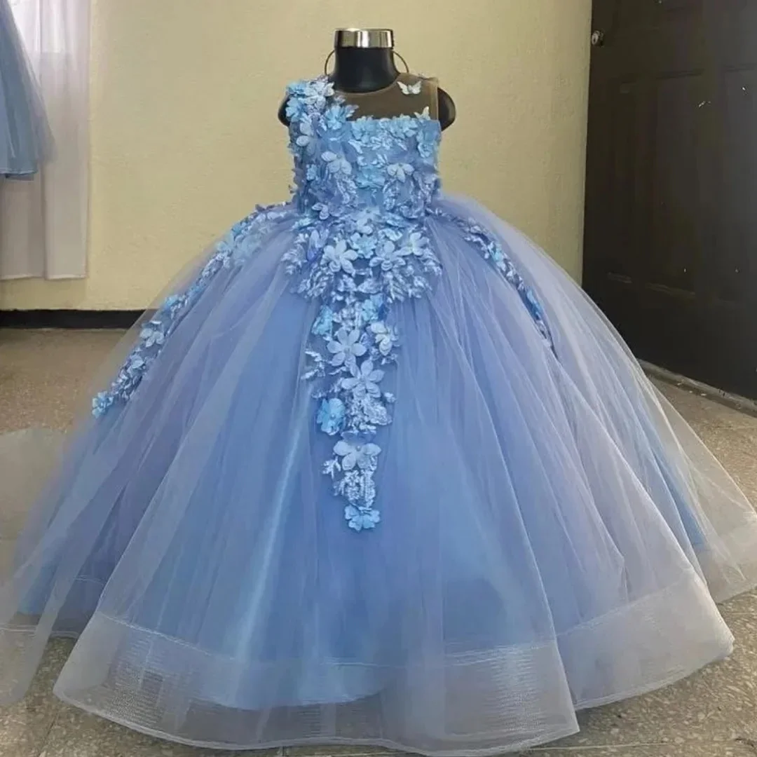 

Blue Flower Girl Dress Sleeveless Appliques Tulle Fluffy First Wedding Flower Child Birthday Banquet Sacrament Customized