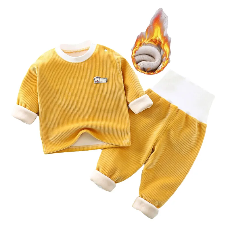 

Children's warm underwear set boys girls autumn winter plush thick pajama set infants and young children home clothing set 0-5Y