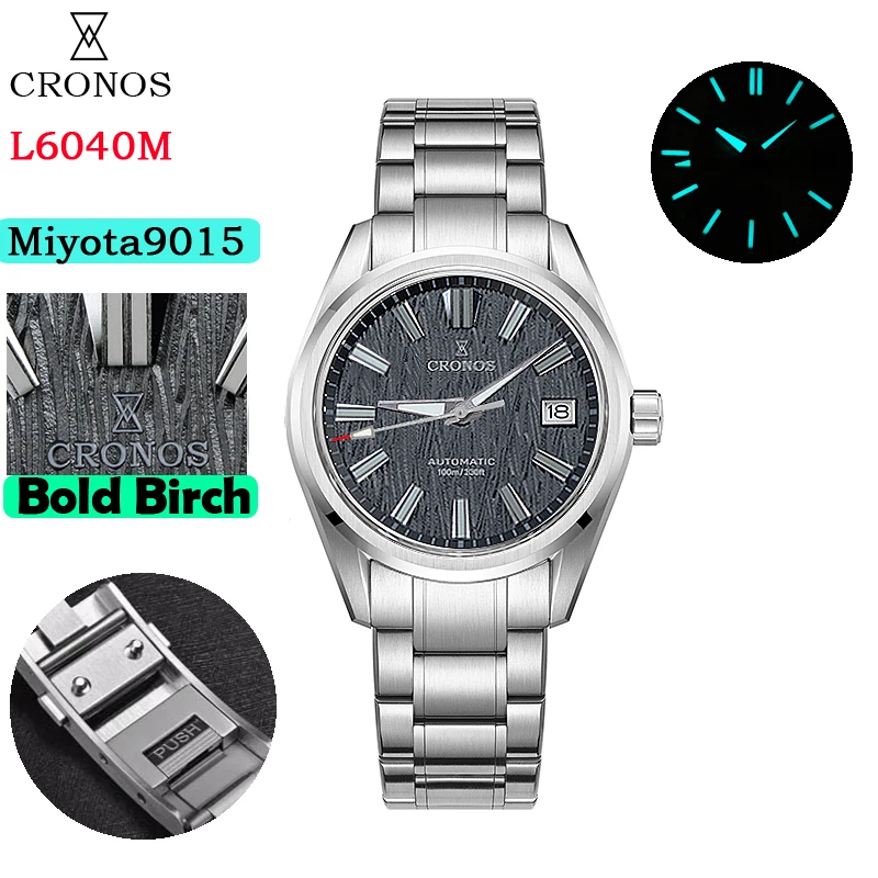 Cronos Herenhorloge 39mm Automatisch Miyota 9015 uurwerk Polshorloges Witte wijzerplaat Berkenpatroon Massieve schakels Saffier 10 ATM L6040M