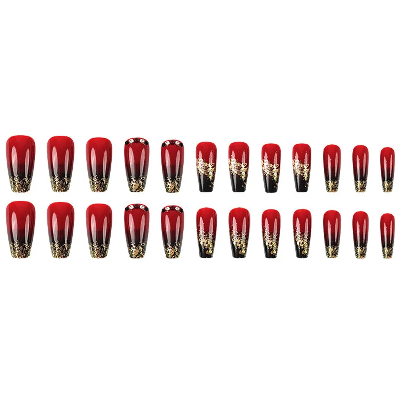 24pcs nail art with a black and red gradient design, in a bold and trendy style. Featuring golden glitter and rhinestones.
