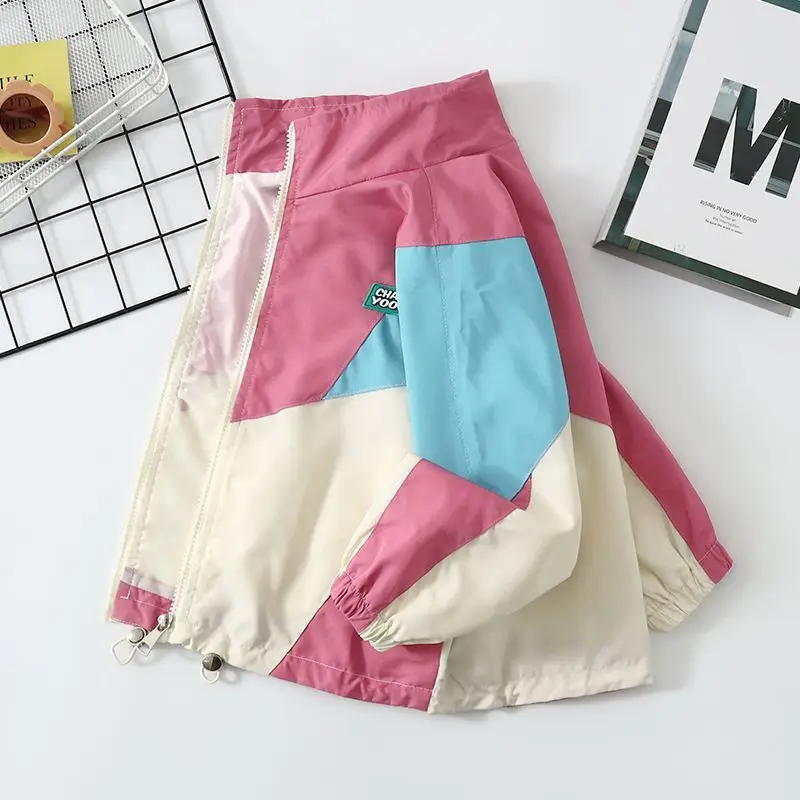 

4-12Year Teen Girls Color Blocking Windbreaker Coat Spring Autumn Kids Fashion Casual Zipper Windbreaker Jacket Children Costume