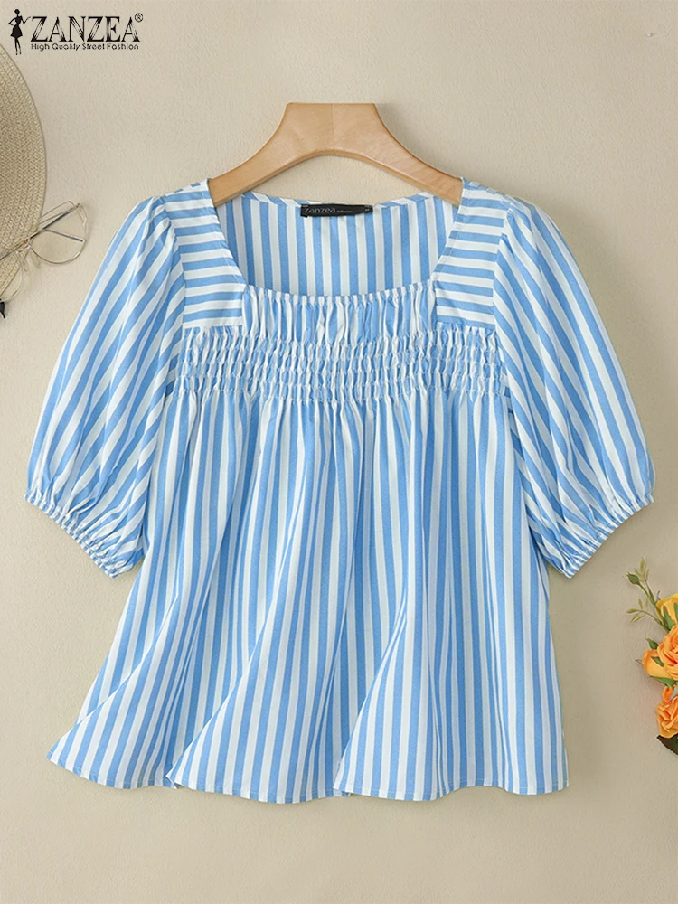 

ZANZEA Fashion 2025 Summer Blusas Mujer Casual Square Neck Woman Smocking Tops Striped Day Wear Half Puff Sleeve Blouses