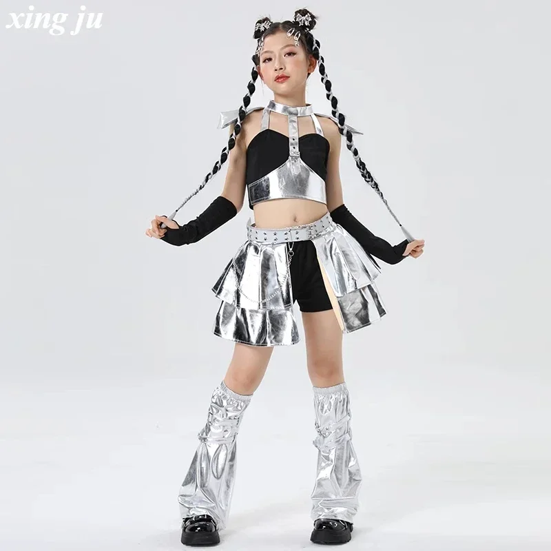 Argento Moda Bambini Set di danza jazz Kpop Concorso di danza Costumi Abiti per spettacoli teatrali Ragazze Hip Hop Street Dance Wear