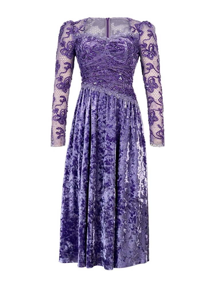 Vrouwen Kant Fluwelen Retro A-lijn Maxi Jurk Elegante Sexy Sheer Vierkante Hals Slanke Gewaad Formele Feestjurk Vrouwelijke Casual Herfst Winter