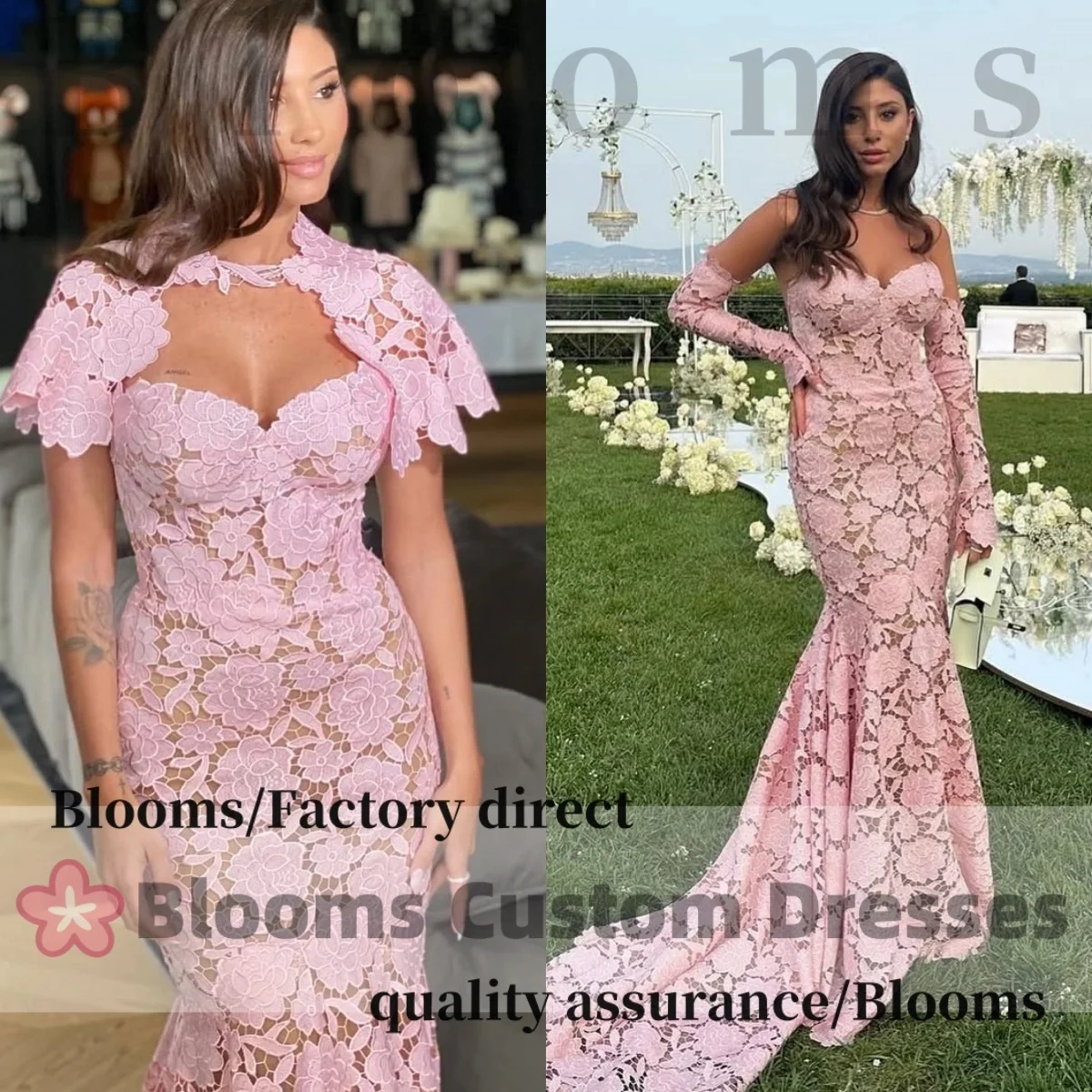 

Customized Pink Lace Mermaid Luxury Evening Dresses 2025 Wrap Long Sleeves Women Wedding Elegant Party Dress Prom Gown