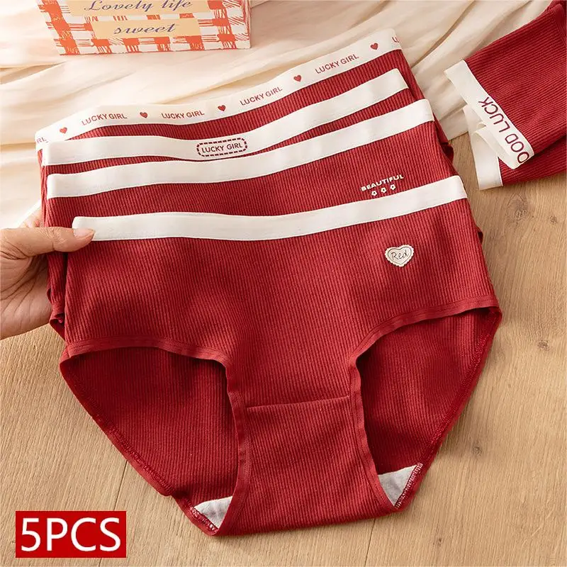 

5Pcs Sexy Red Cotton Underwear Women's Panties Female Mid-Rise Briefs Breathable Lingerie Soft Underpants Plus Size Shorts M-XL