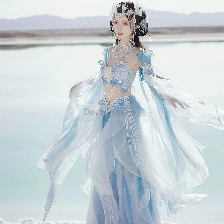 2026 chinese Mermaid princess dreamy hanfu exotic elf Fantasy Rave Party fairy dress dainty embroideried printed gradient hanfu