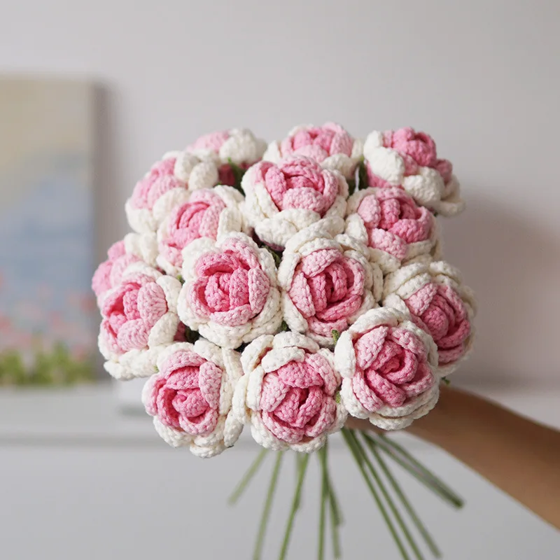 

33cm Handmade Crochet Knitting Gradient Rose Simulation Flower Valentine's Day Gift Immortal Flower Arrangement Home Decoration