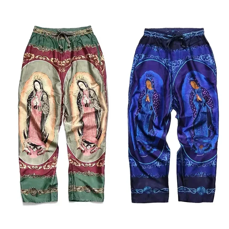 Kapital Japanese Rayon Virgin Mary Pattern Men\'s and Women\'s Breathable Casual Pants Summer Printed Fashion Loose Trousers