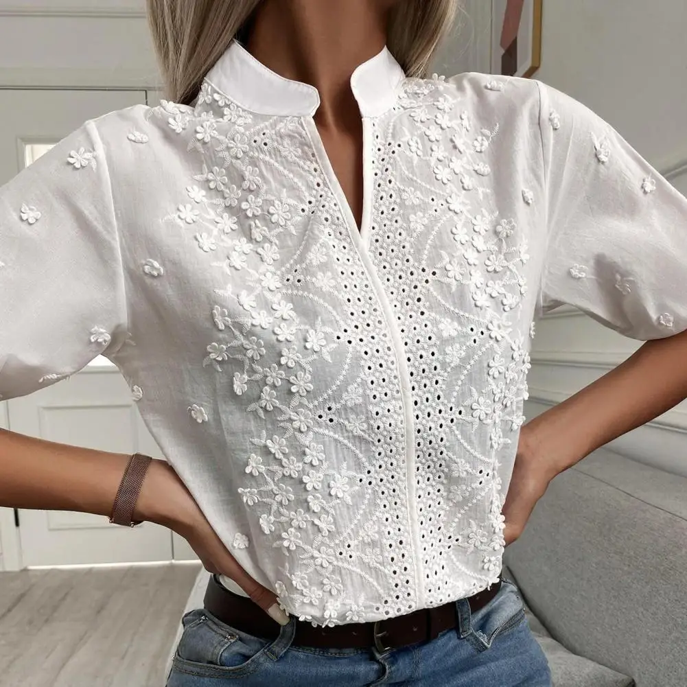 Women Casual Shirt Embroidery Floral Lace Solid Color Pullover Tops Stand Collar V-neck Half Sleeve Relaxed Fit Shirt Рубашка