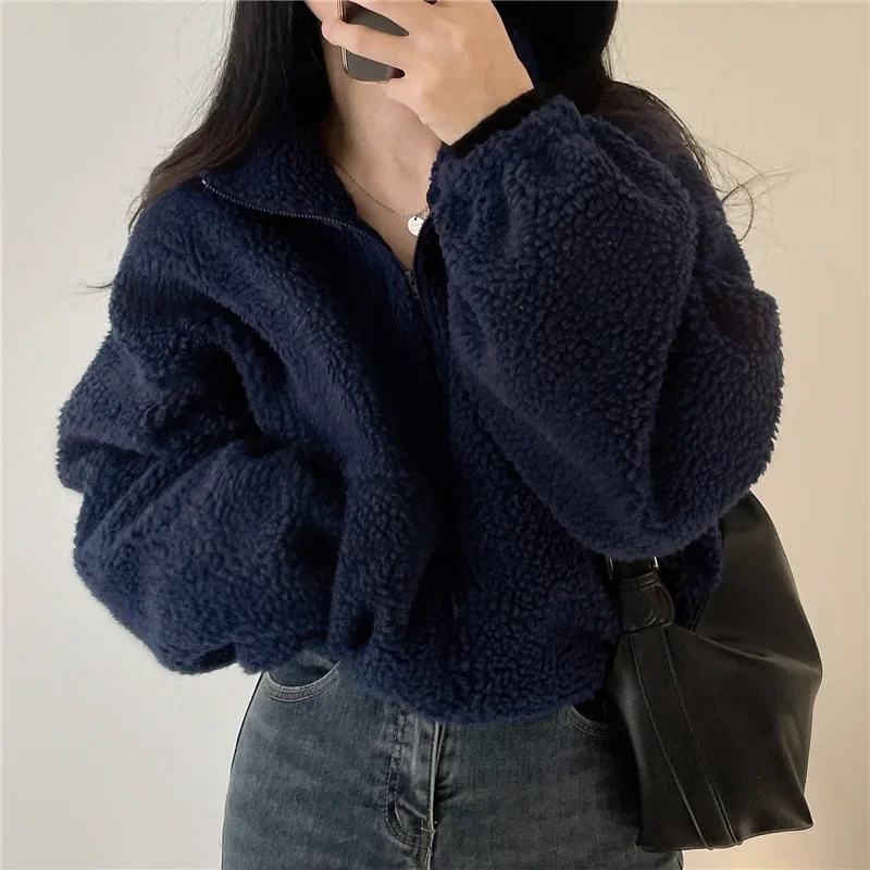 Stand Collar Short Women's Sweatshirt Fleece Lined Thickened Loose Fit Winter Jacket Zipper Closure 