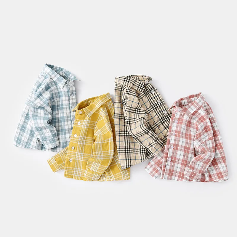 Spring Autumn Infant Baby Boys T-shirts Cotton Plaid Long Sleeve Toddler Boys Tees Turn Down Collar Newborn Boys Outerwear Coats