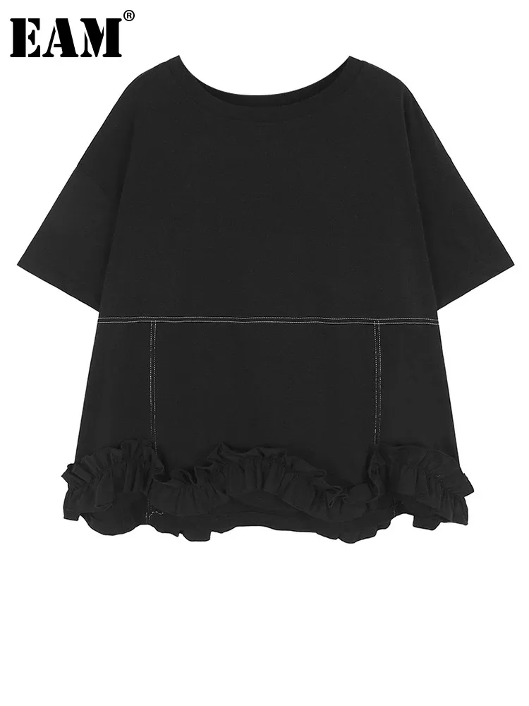 

[EAM] Women Black Topstitched Ruffles Hem Big Size T-shirt New Round Neck Short Sleeve Fashion Tide Spring Summer 2024 1DH6009