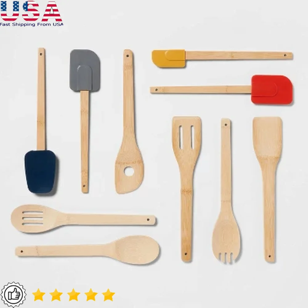 

10pc Bamboo Silicone Kitchen Tool Set Heat Resistant Spatulas Spoons Turner Spoonula Durable Cooking Utensils Easy Storage