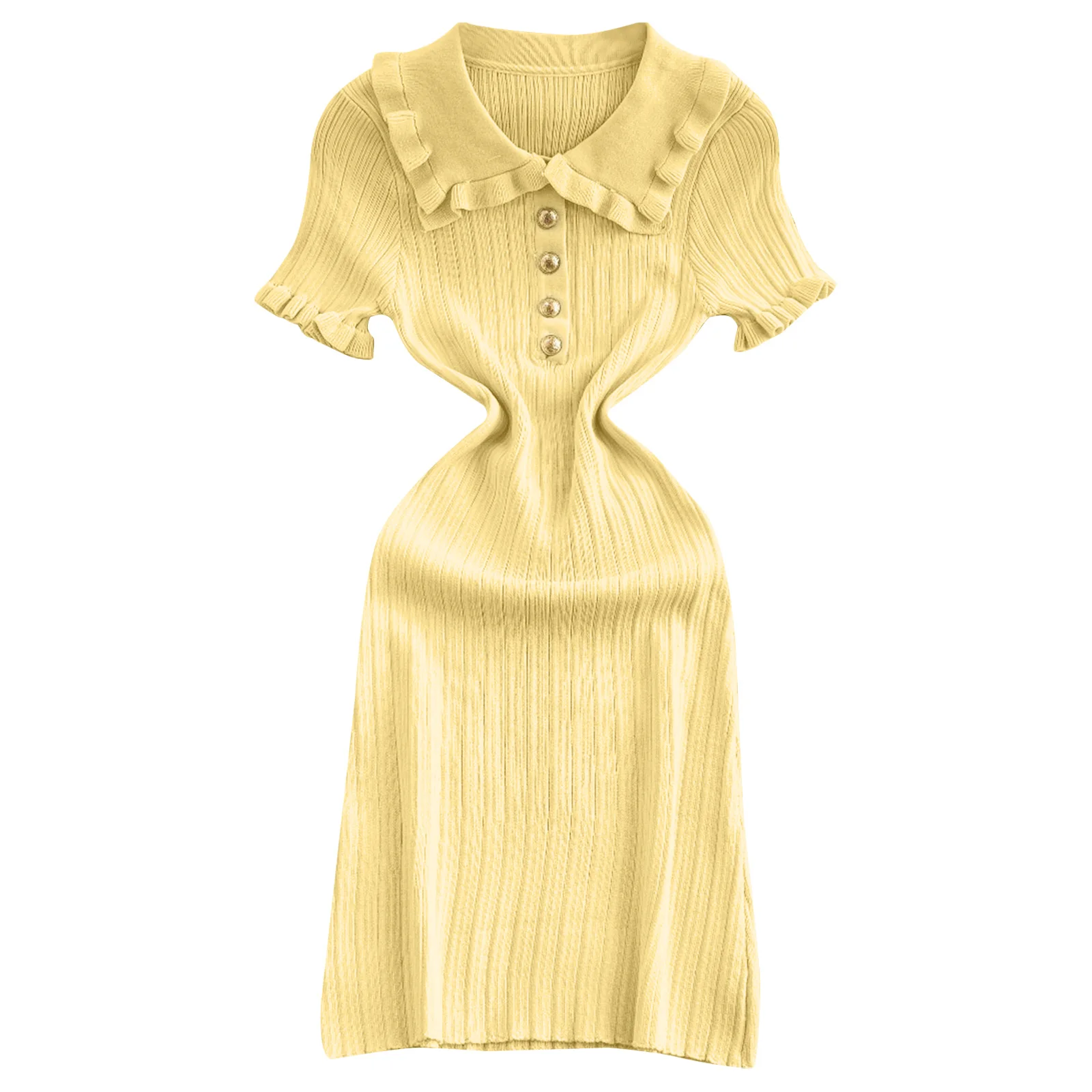 

Women Elegant Knitted Bodycon Dress Ruffled Lapel Short Sleeve Vintage Buttons Stretchy Textured Dress for Causal Office Party