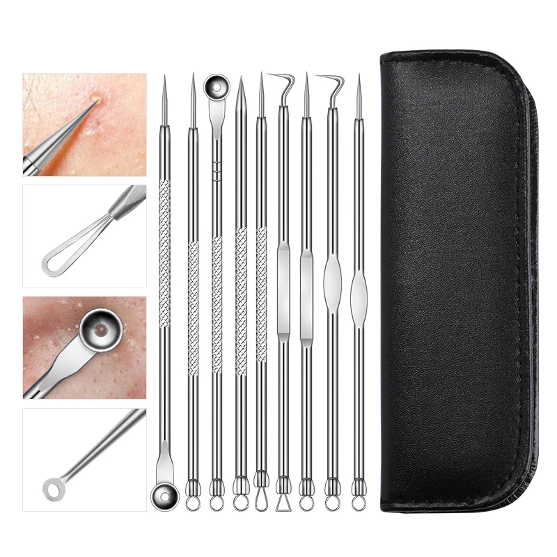 9 pièce/ensemble en acier inoxydable acné tête noire dissolvant ensembles d'outils aiguille points noirs et boutons dissolvant soins du visage extracteur Point propre portable
