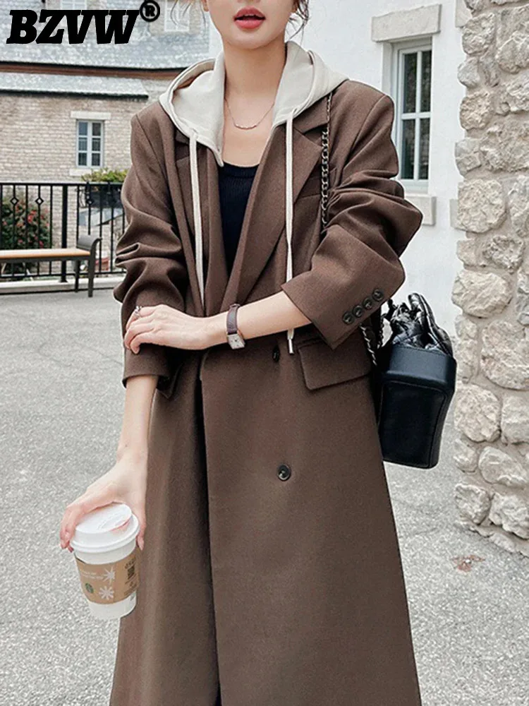 

BZVW Designer Fake Two Piece Hooded Long Blazer Coat Women's 2023 Spring Autumn Loose Streetwear Casual Blazer Overcoat Female