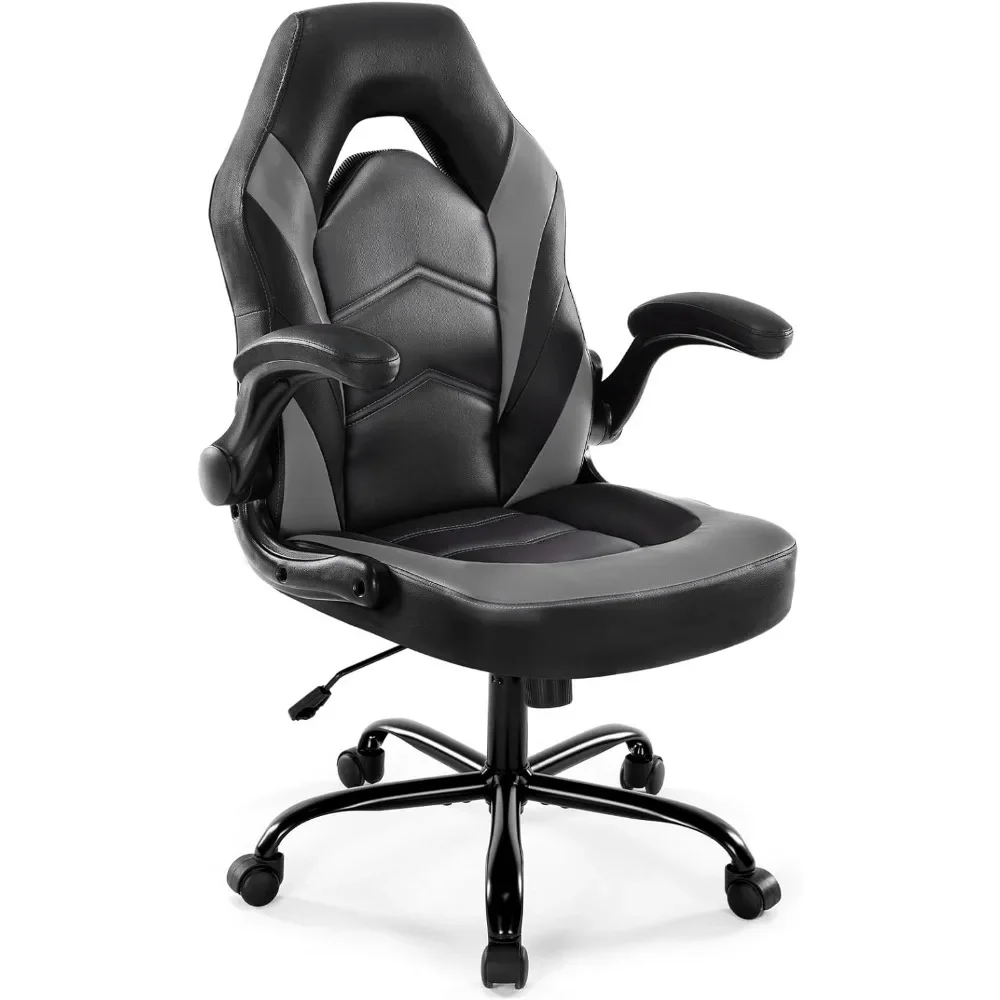 

Ergonomic Gaming Chair - Home Office Desk with PU Leather Lumbar Support, Height Adjustable Video Game with Flip-up Armrest
