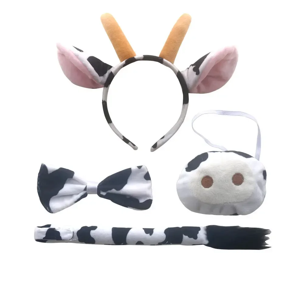 

Milk Cow Headband Nose Bow Tie Tail Ears Horns Animal Hairband Women Party Hair Accessories Halloween Costume Cosplay