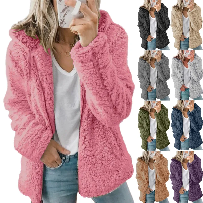 

Women Zipper Solid Fleece Jackets Cashmere Long Sleeved Loose Coats Hooded Woolen Fleece Autumn and Winter Jacket