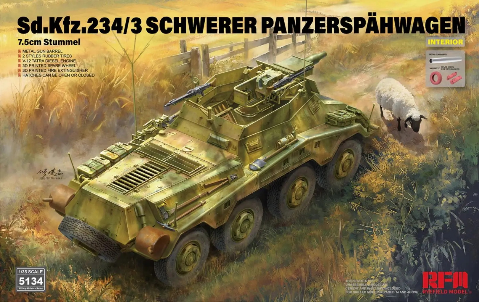 RYEFIELD MODEL RFM RM-5134 1/35 Sd.Kfz.234/3 Schwerer Panzerspähwagen 7.5cm Stummel - Scale Model Kit