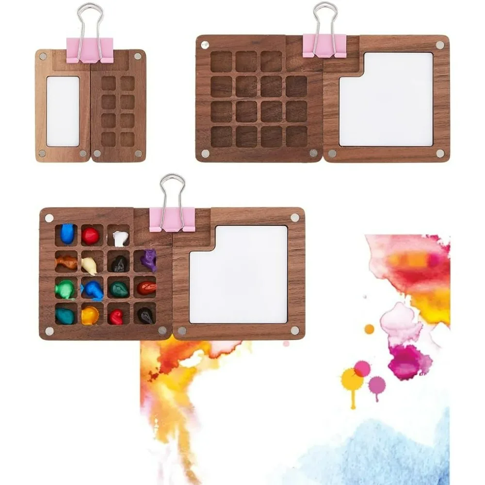 2Pcs Portable Watercolor Palette with Clips Mini Wood Paint Tray Box Rectangle Square Portable Sketchbook Palette Flip Top