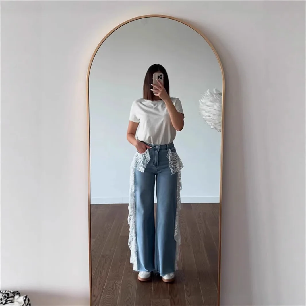 Y2k Trendy All-match Lace Spliced Denim Straight Leg Pants Women Design Streetwear High Waist Vintage Jeans Mujer Clothes New