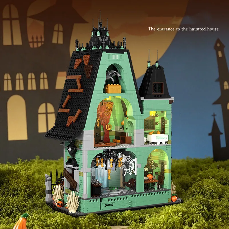Creative Halloween City Street View Gothic Architecture Block Haunted House Assembly Build Brick Streetscape Toy With Light