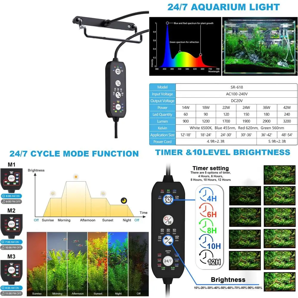 

Светодиодный светильник для аквариумов 24/7, для пресноводных аквариумов, 7 цветов, регулируемый таймер, 30-36 дюймов, 24 Вт