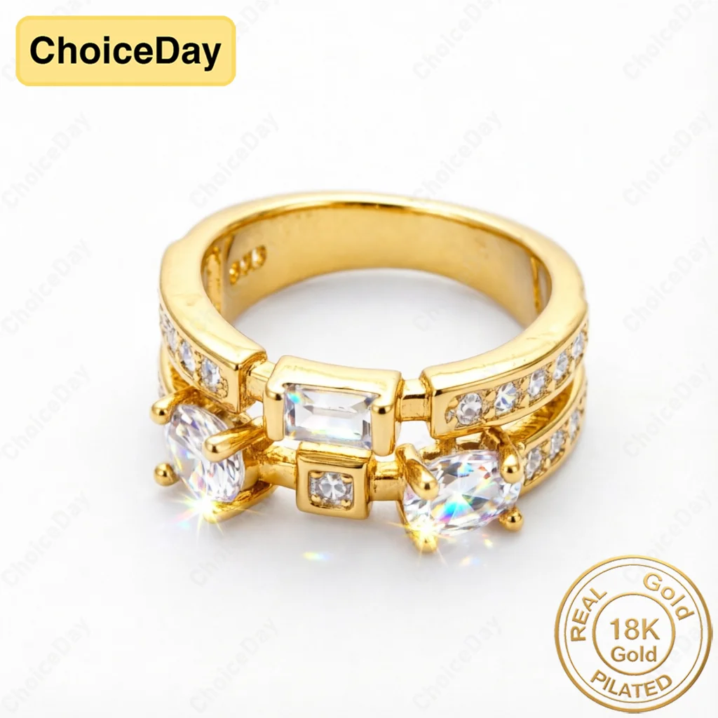 18K Gold Plated Luxury Exquisite Double Zirconia Ring Women Fashion Engagement Party Gift Jewelry Accessories
