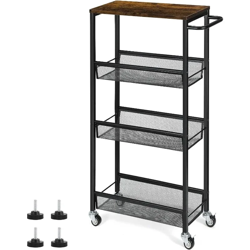 

4 Tier Slim Storage Cart, Narrow Shelving Unit for Small Space, Slide Out Rolling Cart with Wooden Top