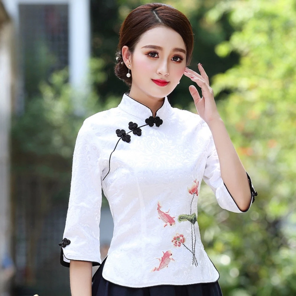 

Традиционная китайская одежда, китайская одежда, топы Cheongsam, винтажная рубашка Qipao, этнический стиль, вышивка, уличная одежда Hanfu, лето