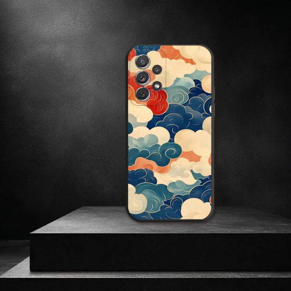 J-Japan 스타일 우키요에 전화 케이스 삼성 S 25,24,23,22,30,21,10,9,Ultra,Plus,Lite,FE,4,5G 블랙 소프트 케이스