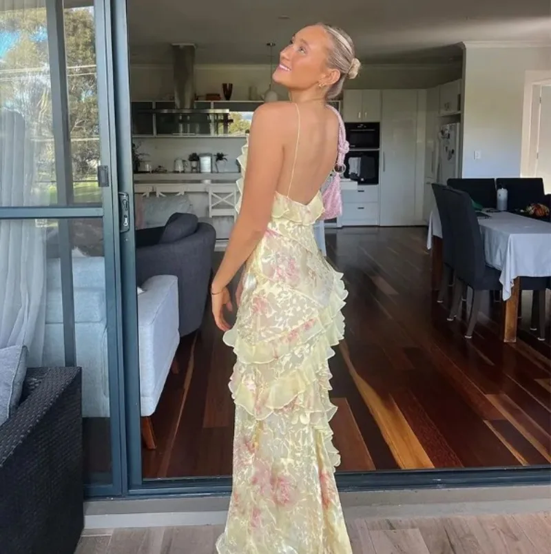 Floral Print Spitze Rüschen Sling Maxi Kleid Frauen Sommer Sexy V-ausschnitt Spaghetti-trägern Backless Urlaub Beachwear Boho Lange Robe