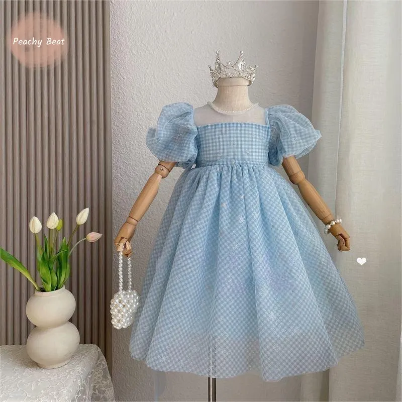 Newborn Baby Girl Princess Beaded Neck Tutu Dress Puff Sleeve Toddler Child Tulle Vestido Party Birthday Baby Clothes 2-12Y