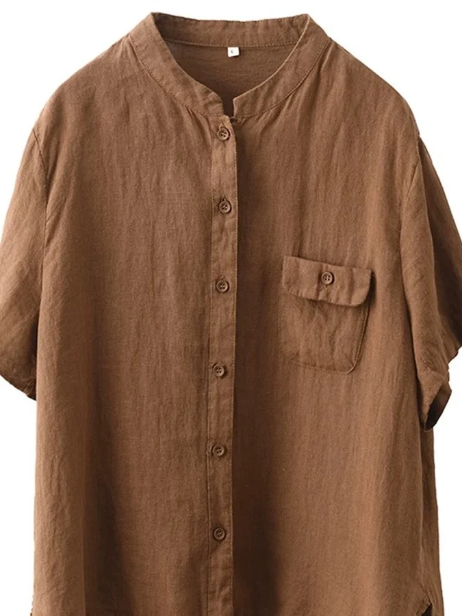 الرجعية اليابانية Sle المرأة القطن الكتان ort Sve irt عارضة الوقوف طوق كيت واحد فضفاضة تناسب الصيف الأعلى