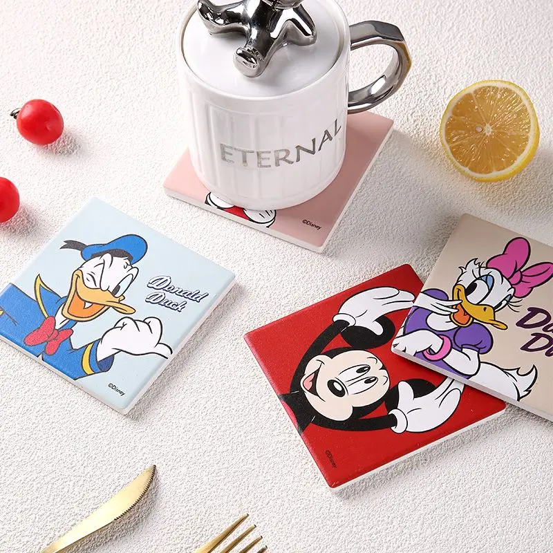 Disney Mickey Minnie Donald Duck Anime Cartoon Cute Ceramic Coaster Creative Kawaii Thermal Insulation Mat Home Decoration