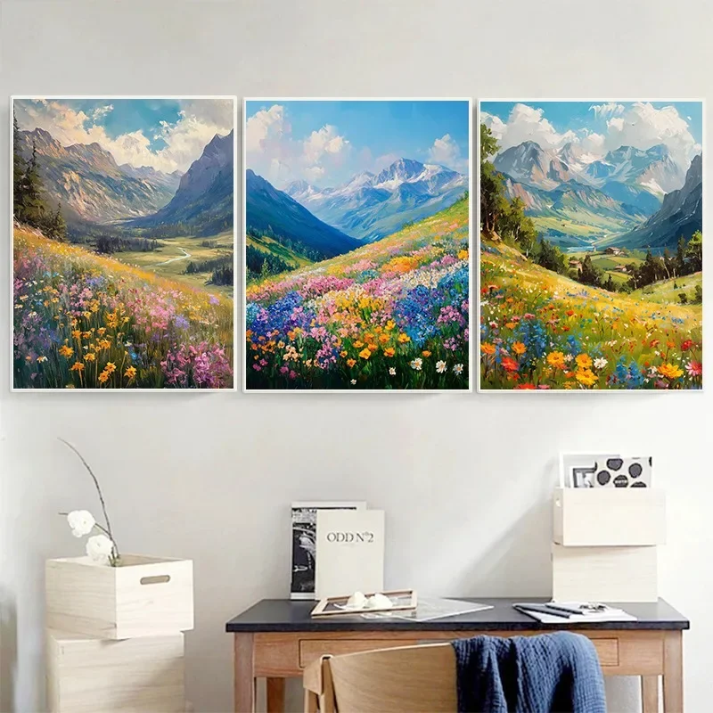 Multiple sizes 1pc frameless Canvas Painting,Colorful Wildflower Field Poster Scenic Nature Mountain Valley Spring Summer Landsc