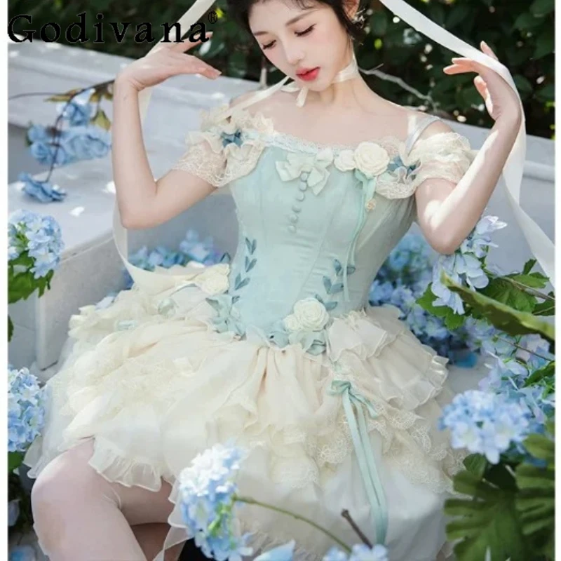 

Elegant Light Green Ballet Lolita Sweet Bow Cake Dress Fashion High Waist A-line Versatile Slash Neck Princess Suspender Dresses