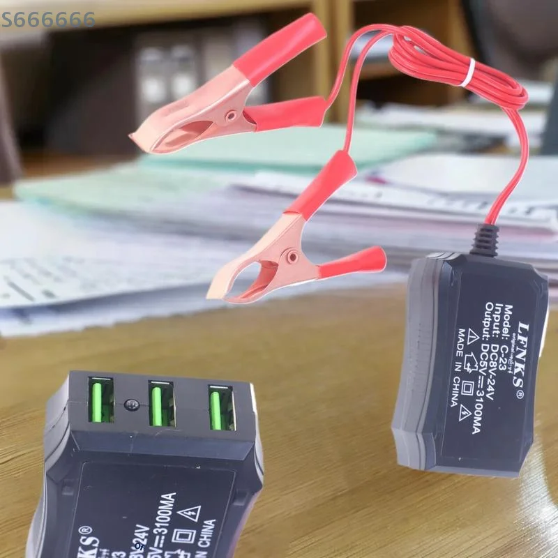 

Emergency USB Power Adapter, 12V 24V to 5V, 3 USB Ports, with Battery Clip, Ideal for Mobile Phone Charging