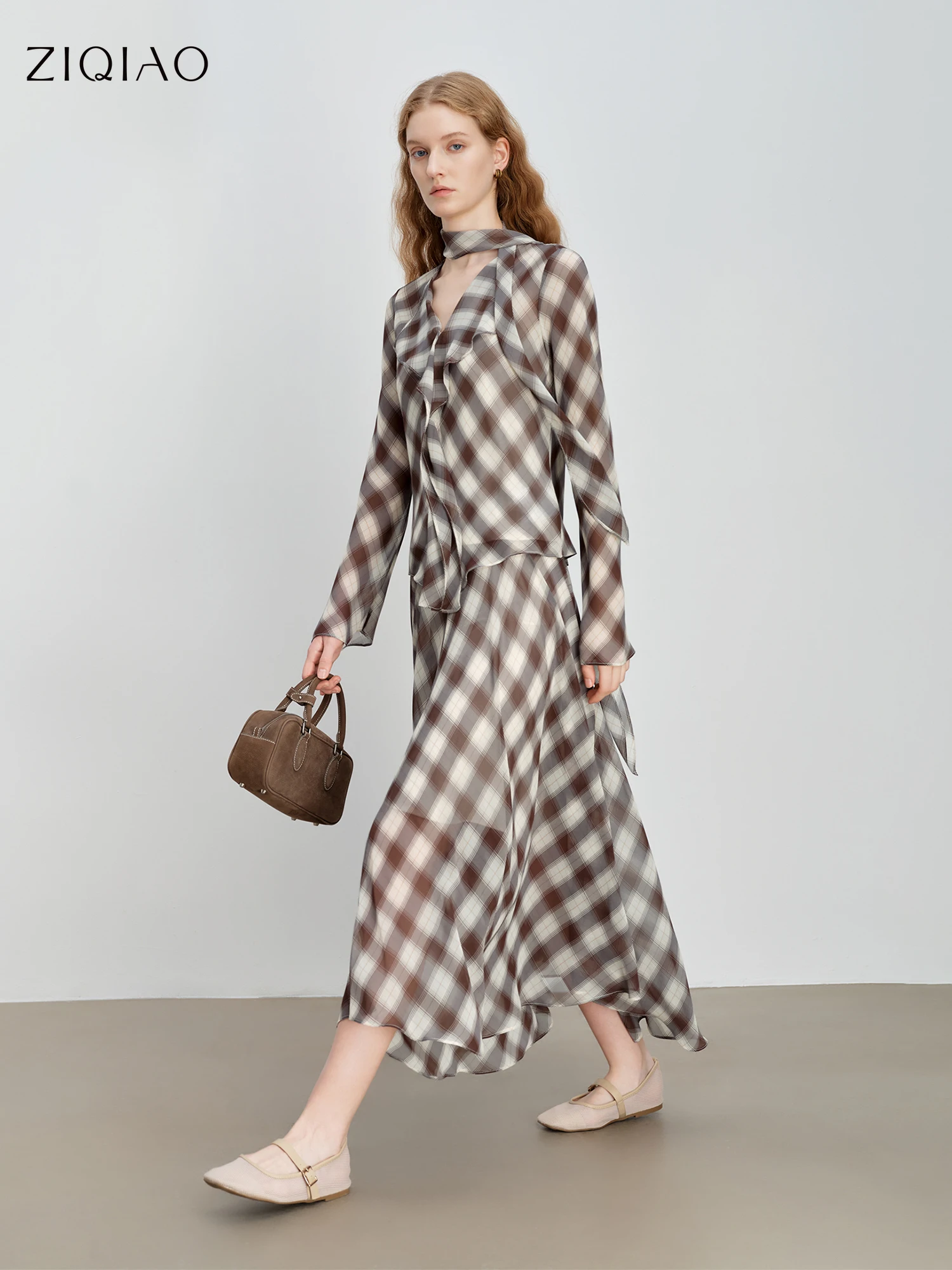 ZIQIAO 2026 Spring Women's Plaid Shirt Skirt Two Piece Set Tartan Check Co-ord Matching Outfit for Y2K Retro Coquette Chic Style