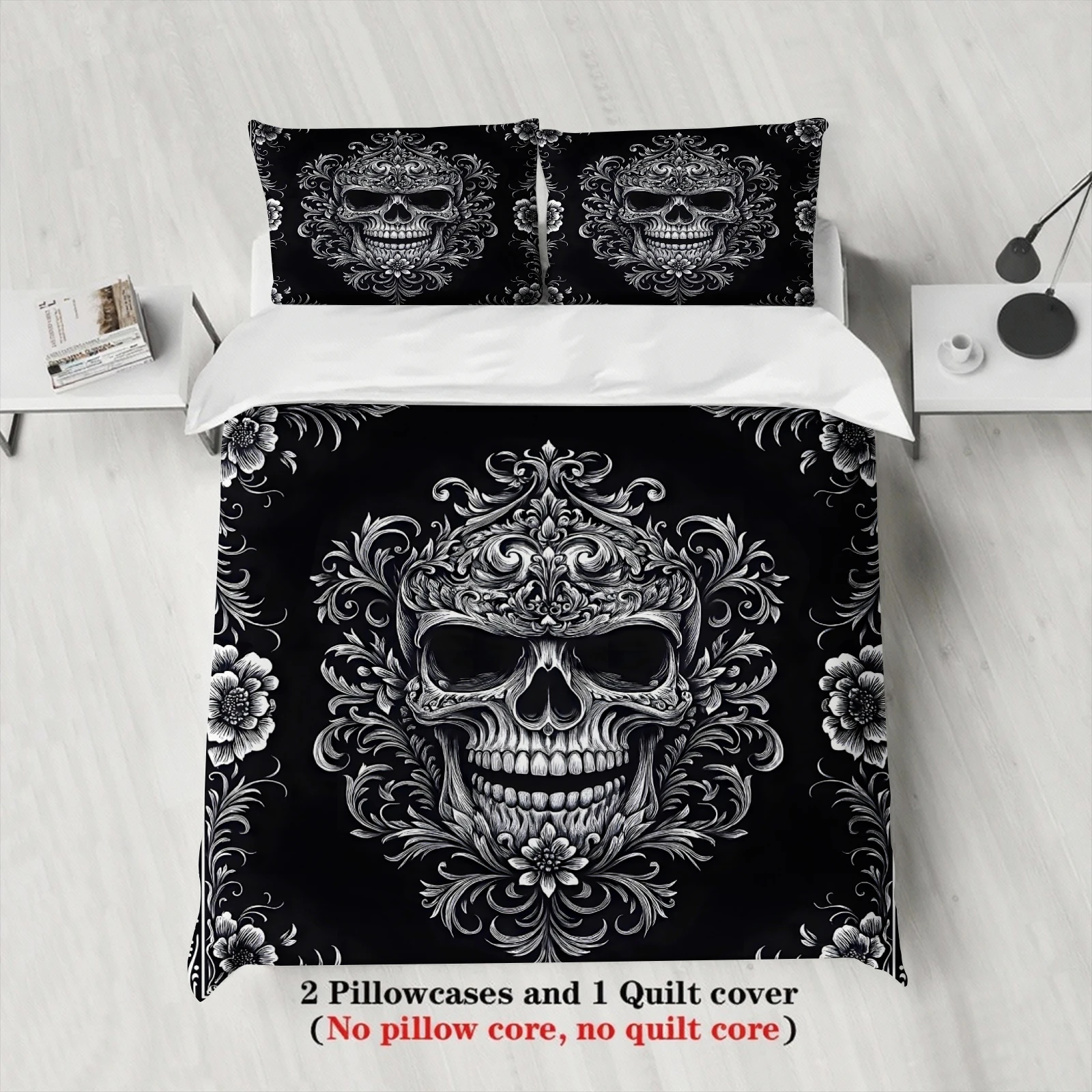 Vintage Floral Skull Duvet Cover Set Black White Ornate Skeleton Bedding Sets For Gothic Lovers Bedroom Twin Queen King Size