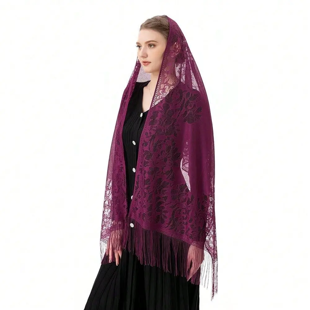 

Chapel Veil Scarf Mantilla Veils Rectangular Wrap Shawl Mass Head Covering With Fringe Trim Colorname ImperialPurple