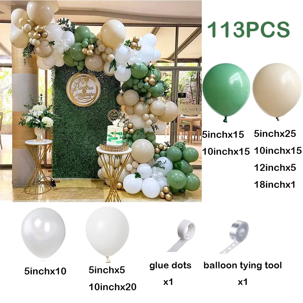 113Pcs Retro Avocado Sage Green Balloons Arch Kit Baby Shower Decor Sand White Balloon Garland Birthday Party Decorations Globos