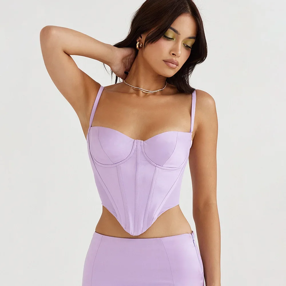 

Women's top, sexy purple spicy girl suspender summer, irregular exposed navel slim fit backless fishbone top, 2024 new model.