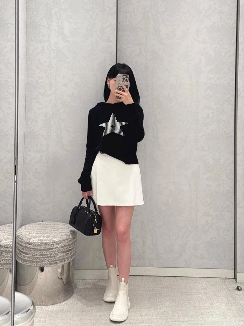 2024 Autumn/Winter New Women's Sweater Fashion Exquisite Star Stripe Knitted Hoodie 100% Wool Women's Pullover Sweatshirt