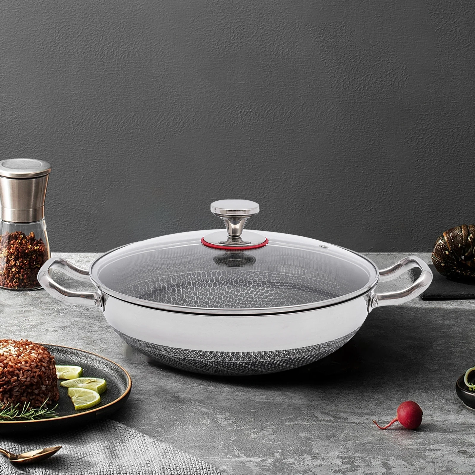 

32cm/12.59in Stainless Steel Non-stick Pan With Lid-carrying Handle For All Hobs